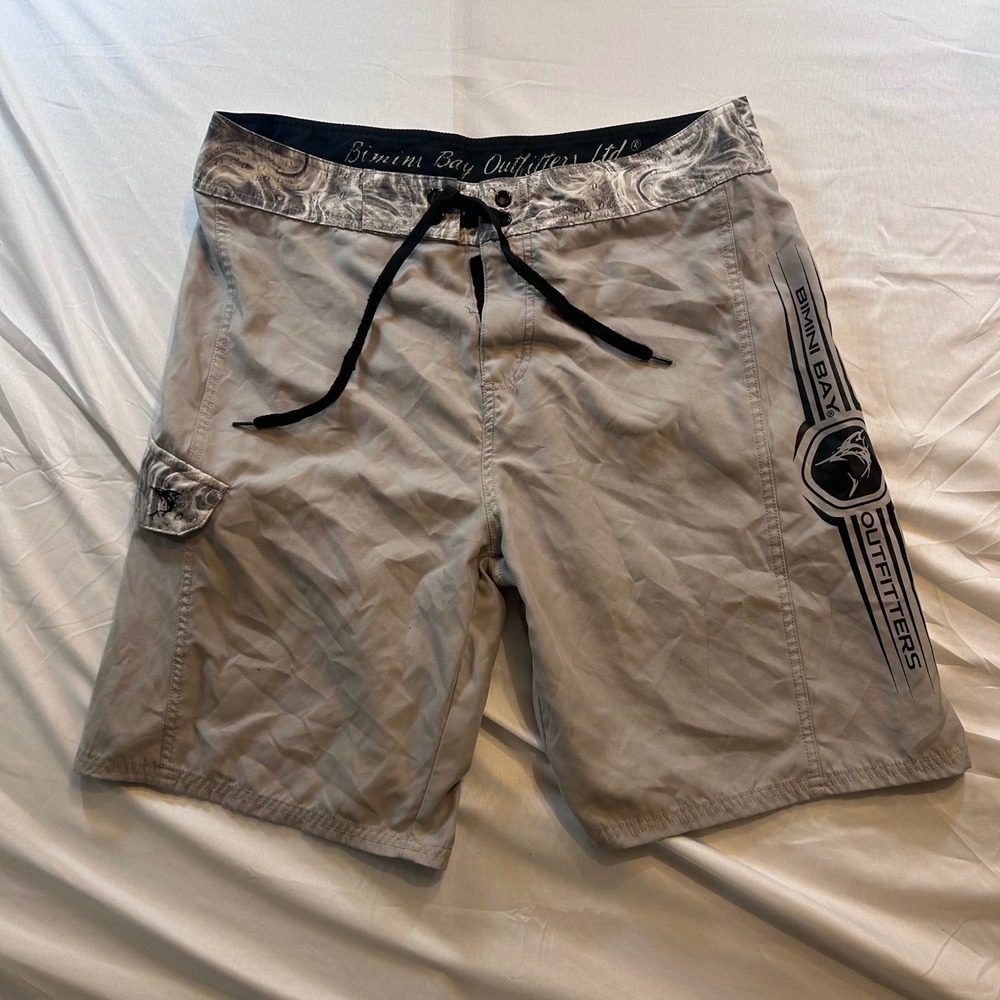 Bimini Bay Outfitters Mens Tan Board Shorts Swim Trunks Size 34 Fishing Logo